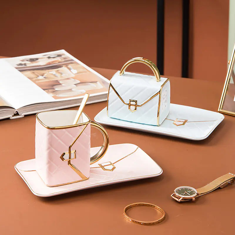 Creative Ceramic Coffee Mug and Saucer Set with Tray