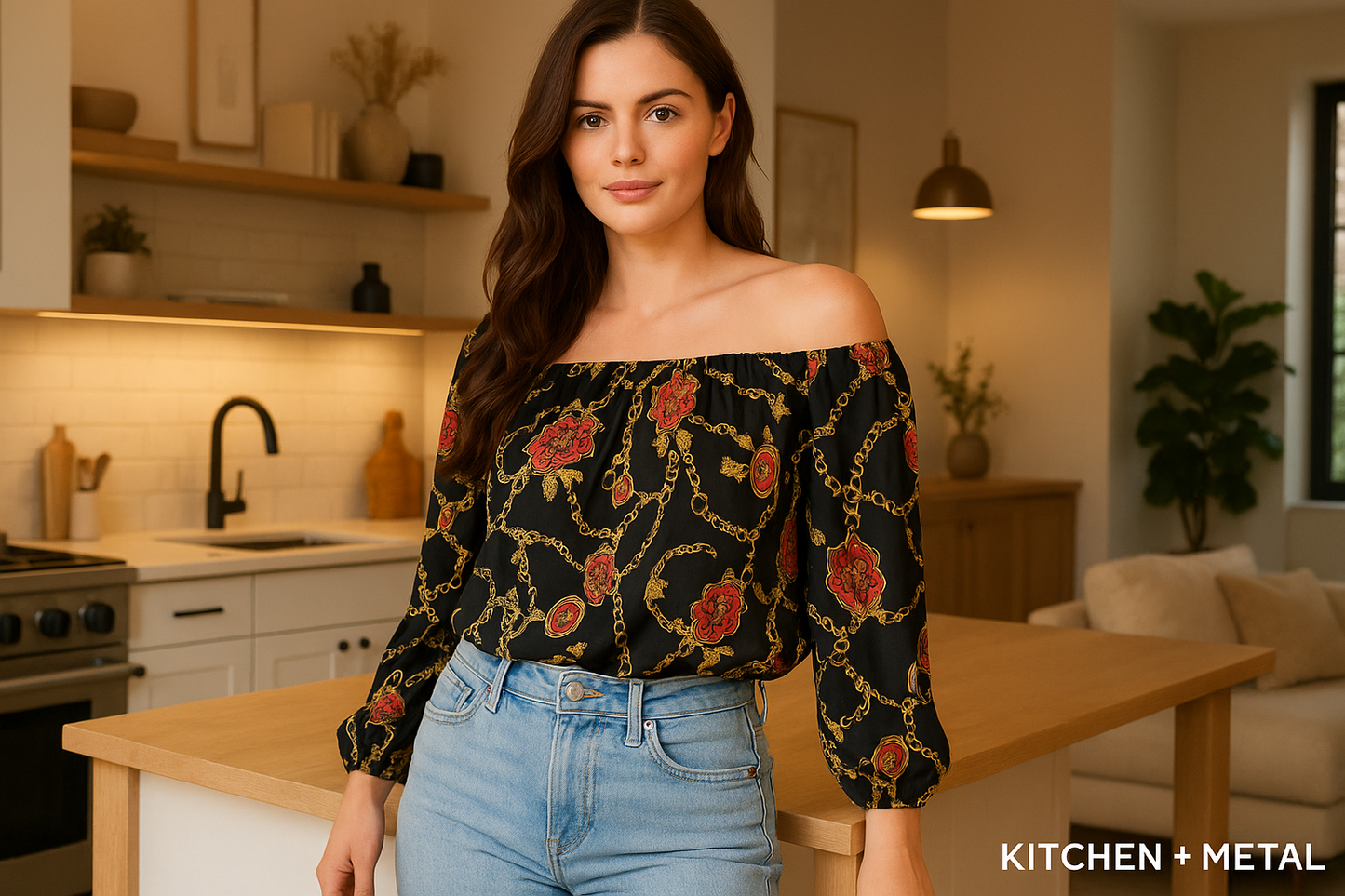 Off-Shoulder Printed Crop Top with Long Sleeves | Apparel | Kitchen + Metal