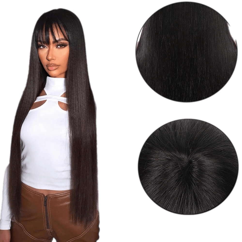 Human hair wig with bangs Natural black