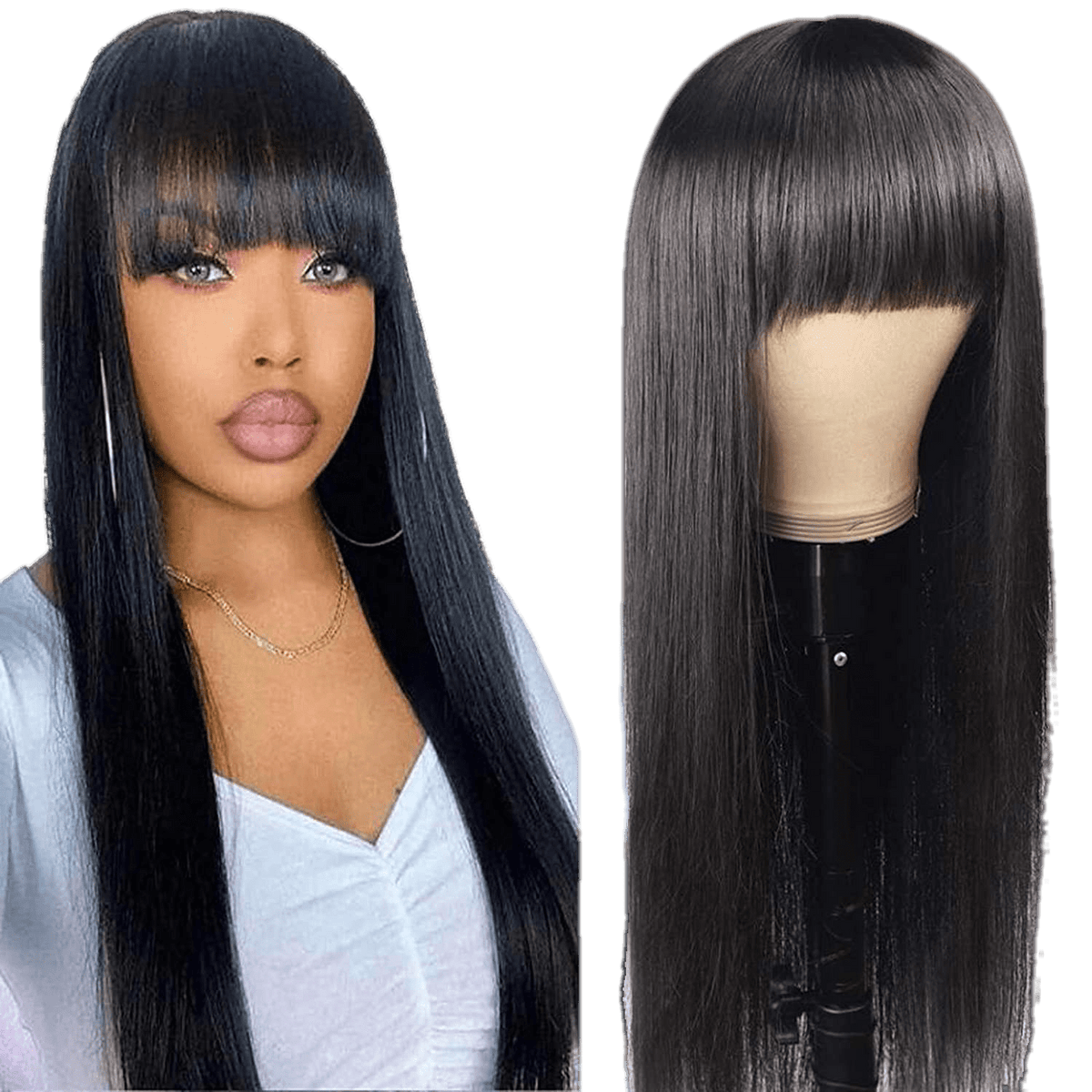 Human hair wig with bangs Natural black