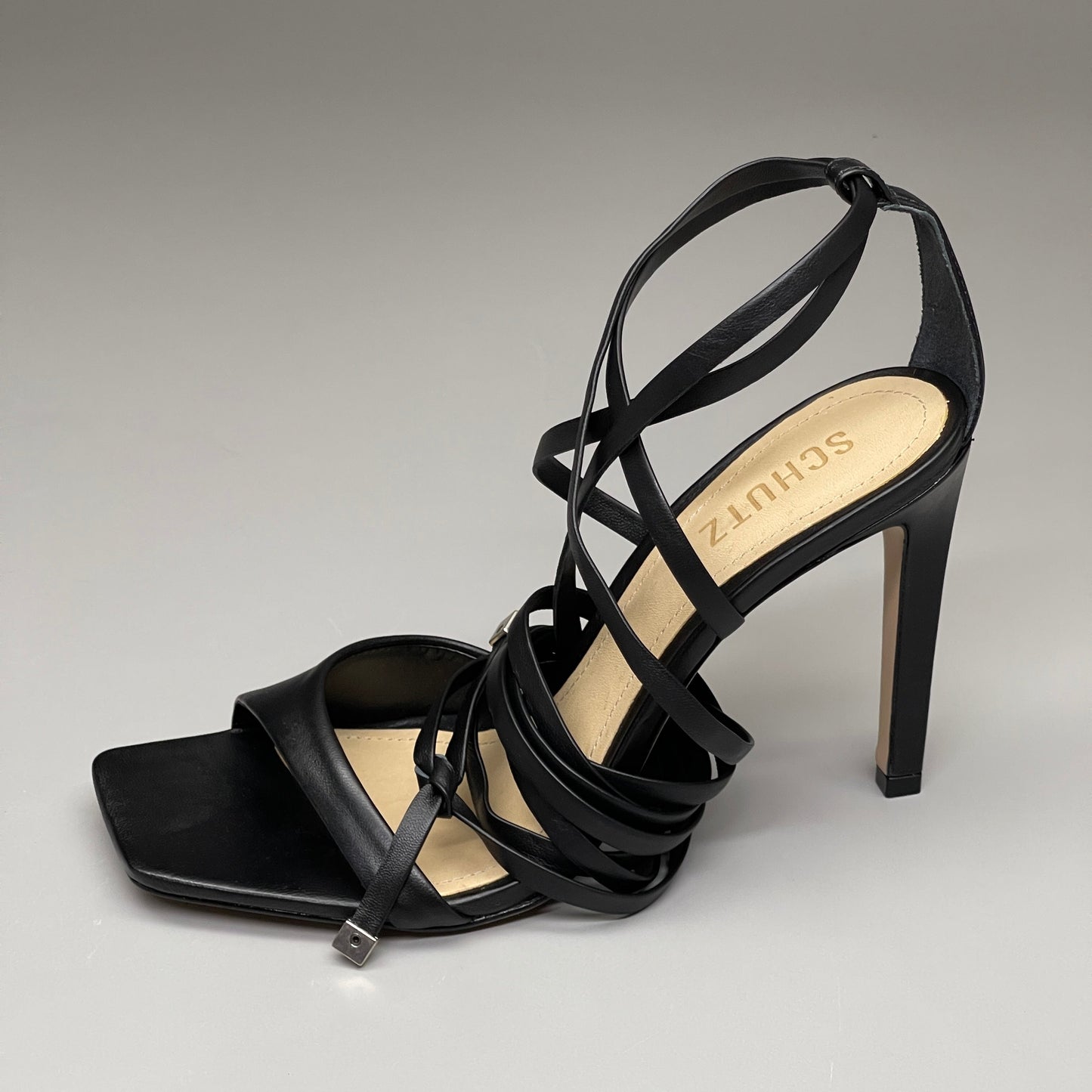 SCHUTZ Bryce Ankle Tie Women's Leather High Heel Strappy Sandal Black Sz 8B (New)