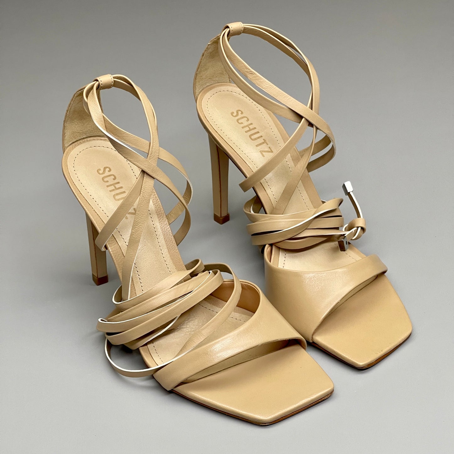 SCHUTZ Bryce Ankle Tie Women's Leather High Heel Sandal Light Nude Sz 8.5B (New)