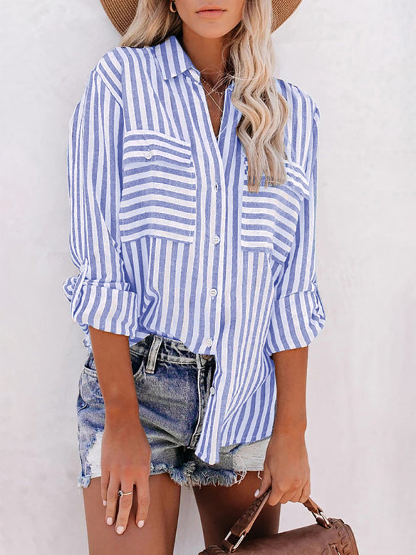 Striped Long Sleeve Shirt - Linen Cotton Button Down Blouse for Women