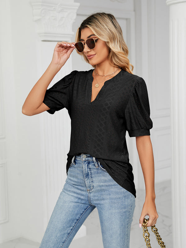 V-Neck Hollow Puff Sleeve Tank Top Rayon Women's Knit Blouse