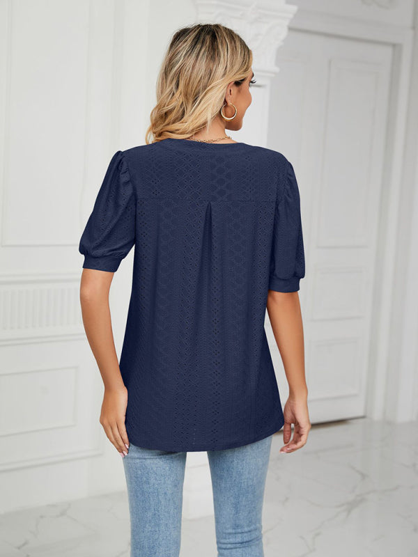 V-Neck Hollow Puff Sleeve Tank Top Rayon Women's Knit Blouse