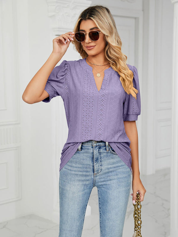 V-Neck Hollow Puff Sleeve Tank Top Rayon Women's Knit Blouse