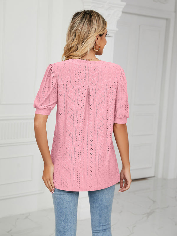 V-Neck Hollow Puff Sleeve Tank Top Rayon Women's Knit Blouse