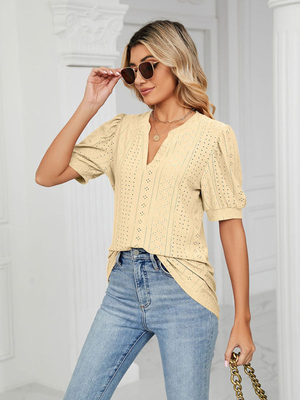 V-Neck Hollow Puff Sleeve Tank Top Rayon Women's Knit Blouse