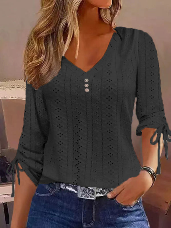 Modern Women's Modern Solid Color Jacquard Button Long Sleeve T-Shirt Top