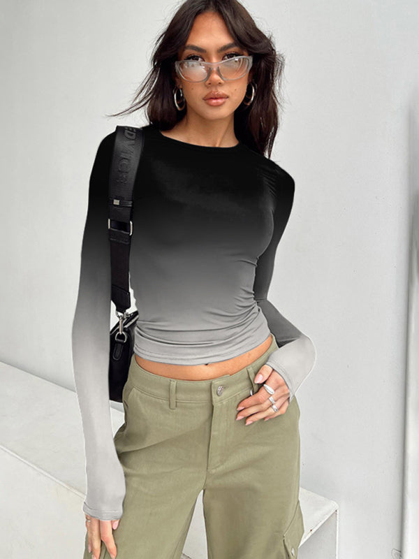 Gradient Print Round Neck Long Sleeve Polyester Women's Top