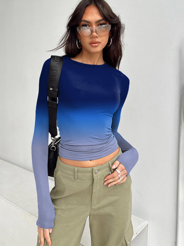 Gradient Print Round Neck Long Sleeve Polyester Women's Top