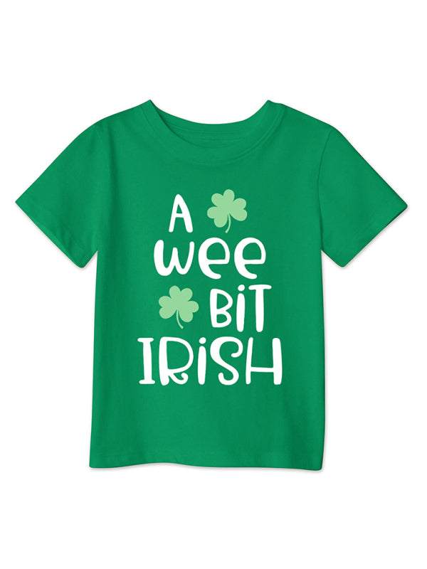 Modern style green clover printed loose pullover short-sleeved T-shirt for boys and girls