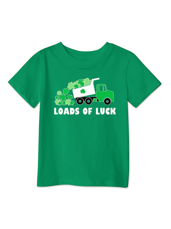 Modern style green clover printed loose pullover short-sleeved T-shirt for boys and girls