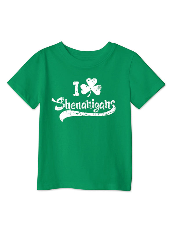 Modern style green clover printed loose pullover short-sleeved T-shirt for boys and girls