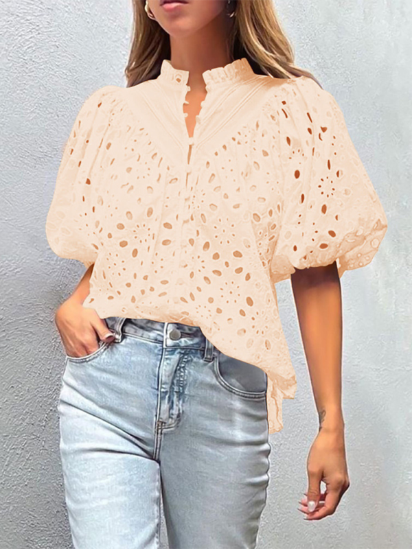 Puff Sleeve Embroidered Shirt - Romantic Style Blouse for Women
