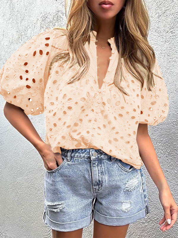 Puff Sleeve Embroidered Shirt - Romantic Style Blouse for Women