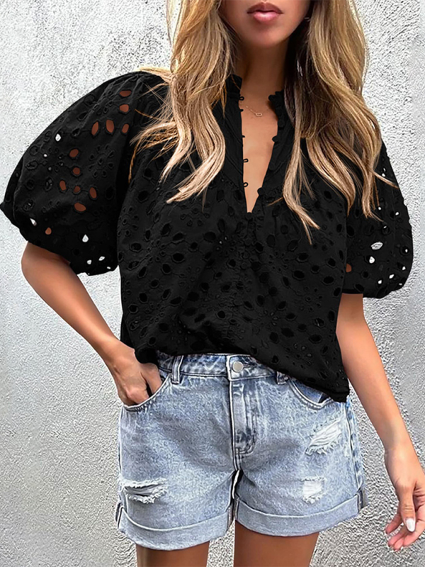 Puff Sleeve Embroidered Shirt - Romantic Style Blouse for Women