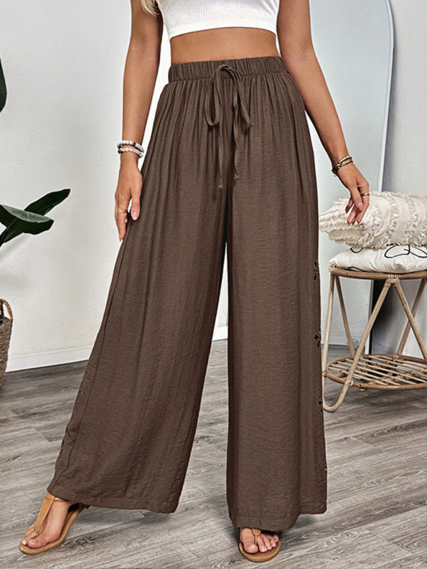 Simple style lace-up embroidered solid color loose wide-leg pants