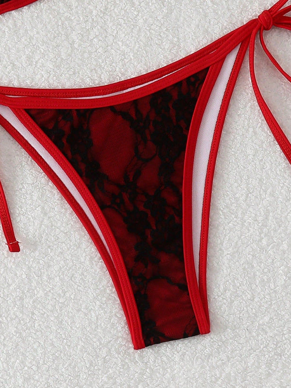 Black lace and red backless bikini
