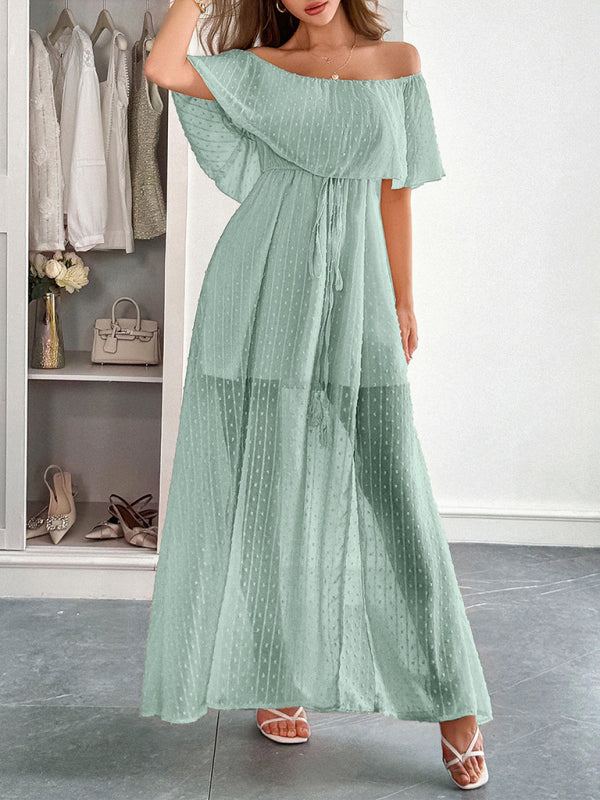Elegant Strapless Waisted Short Sleeve Long Dress