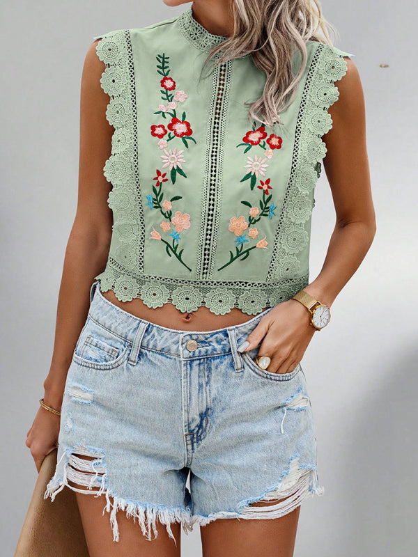 Lace Embroidered Chiffon Blouse - Sleeveless Hollow Top
