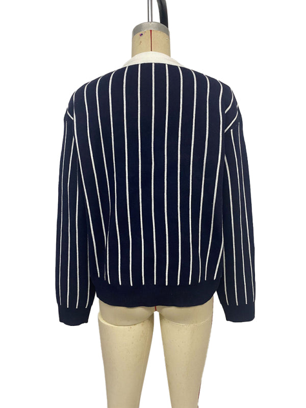 Striped Knit Sweater - Round Neck Polyester Pullover for Women
