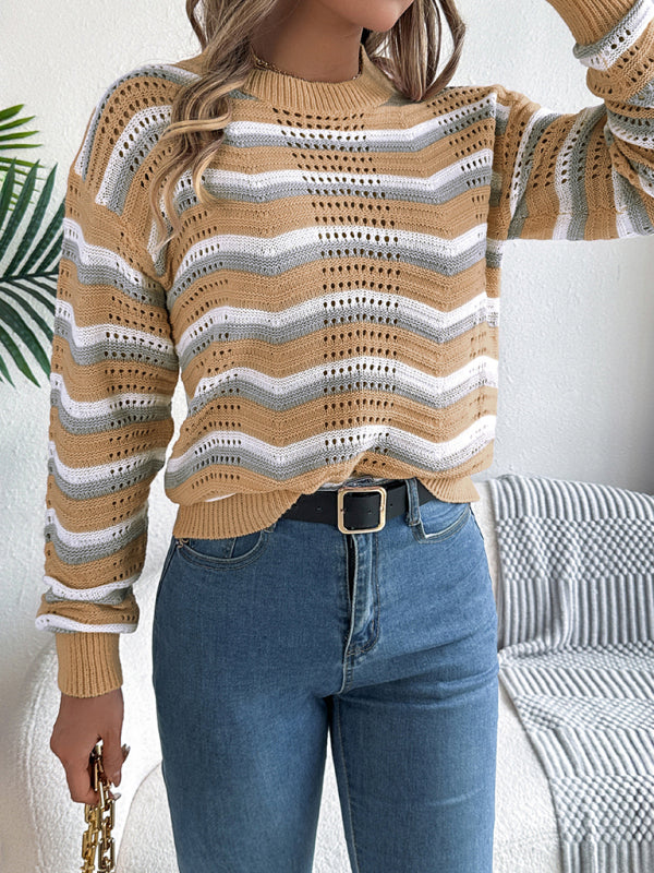 Striped Color Block Pullover Sweater - Long Sleeve Lantern Style
