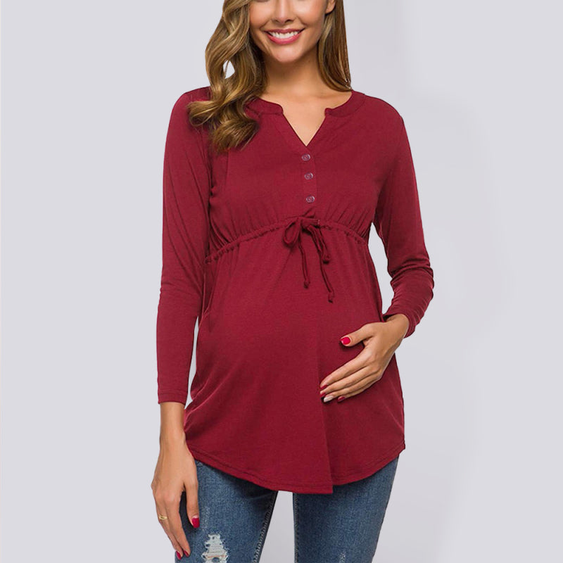 Maternity Cardigan - Long Sleeve V-Neck Drawstring Button Top