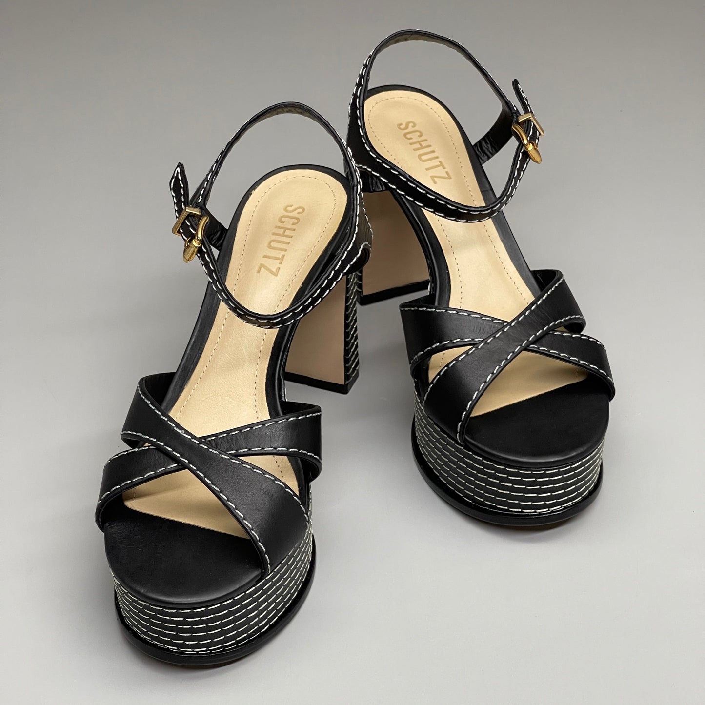 SCHUTZ Keefa Casual Women's Leather Sandal Black Platform 4" Heel Shoes Sz 10.5B (New)
