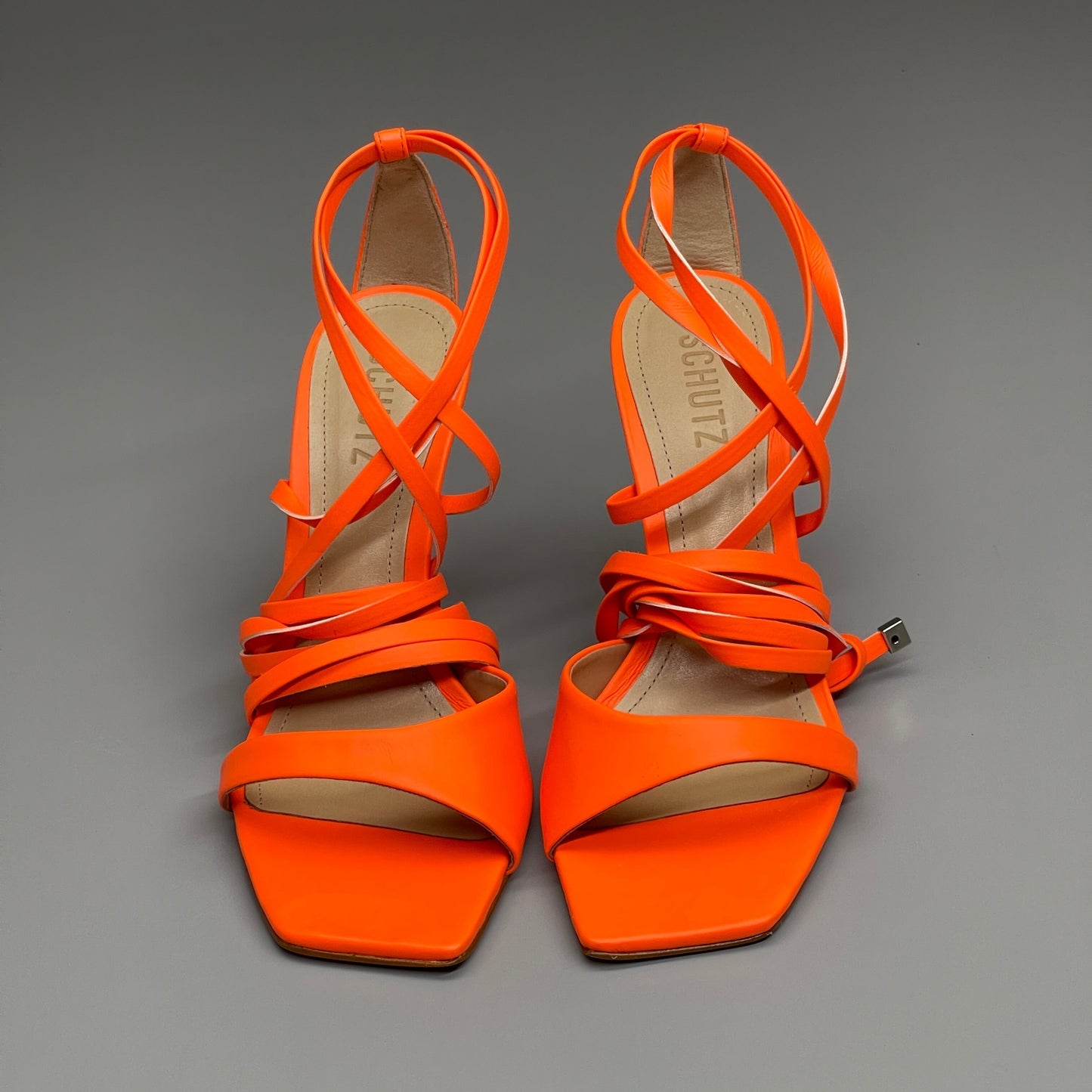 SCHUTZ Bryce Ankle Tie Women's High Heel Leather Strappy Sandal Acid Orange Sz 7.5 (New)