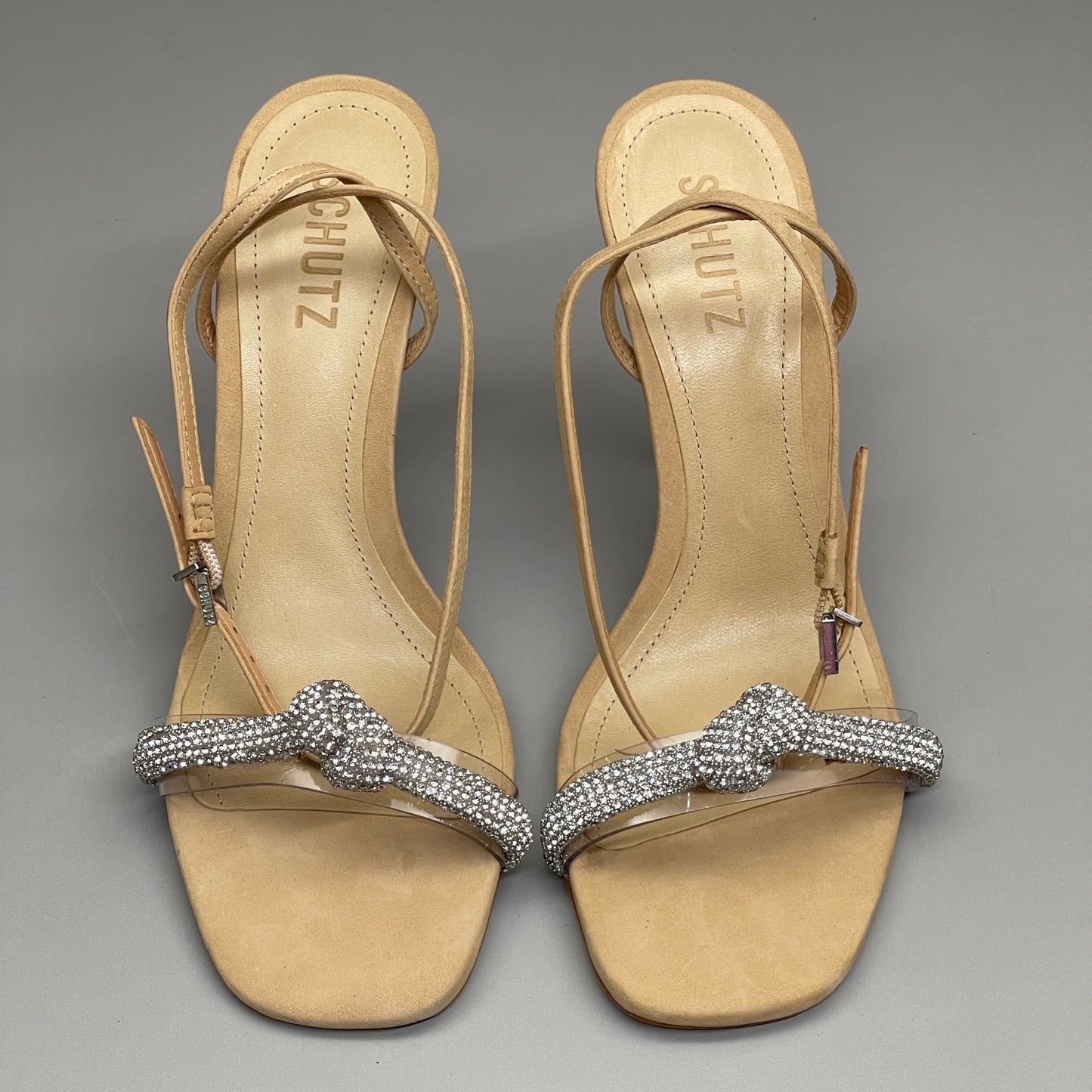 SCHUTZ Peaky Nubuck & Vinyl Multimaterial Women's Sandal Heel Light Nude Sz 7B (New)