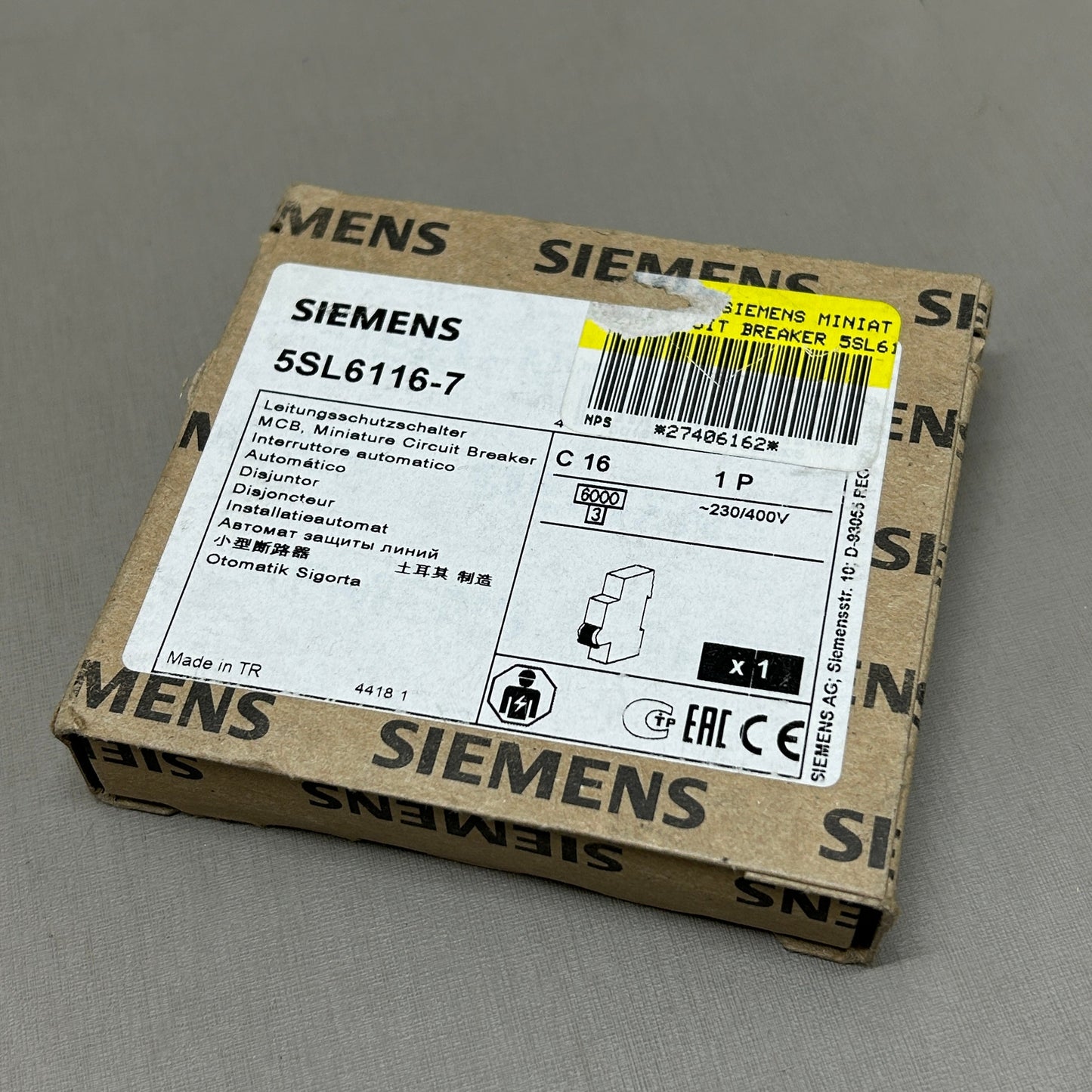 SIEMENS Miniature Circuit Breaker 16 AMP 230-400 VAC Off-White 5SL6116-7 (New)