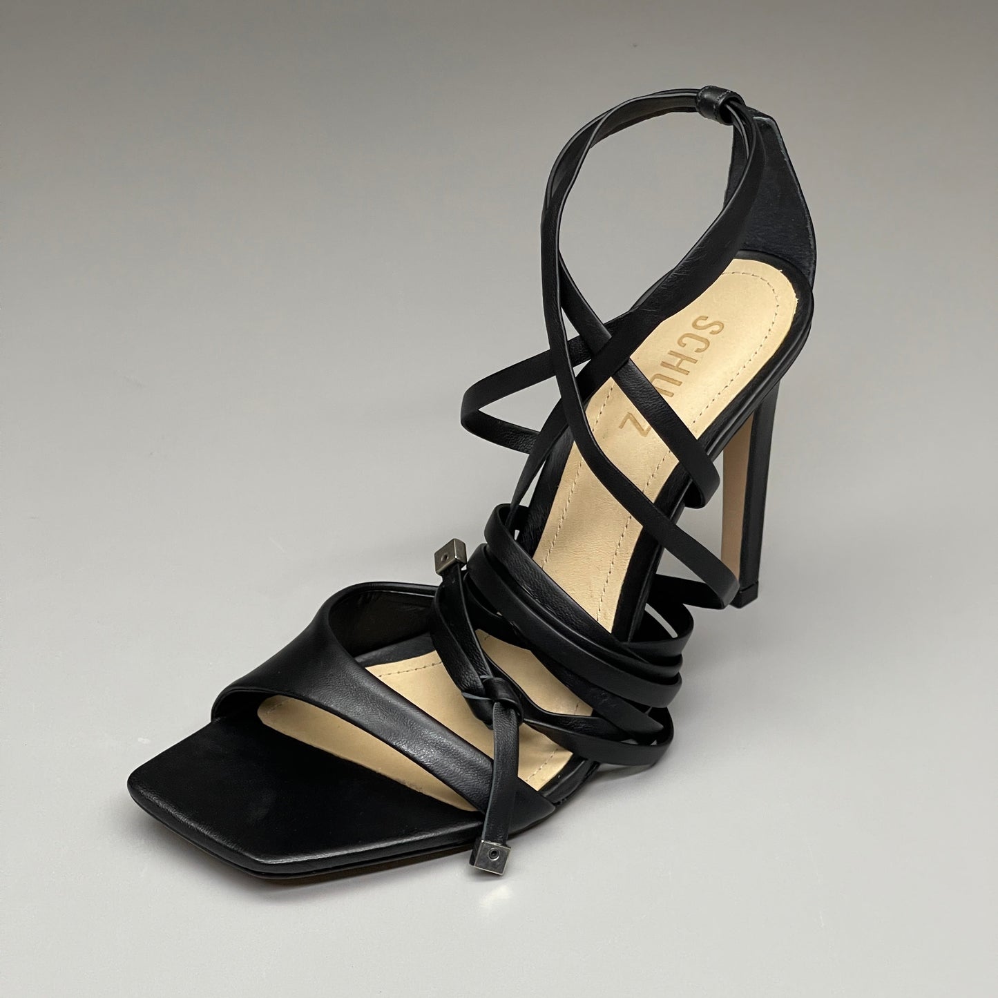 SCHUTZ Bryce Ankle Tie Women's Leather High Heel Strappy Sandal Black Sz 10B (New)