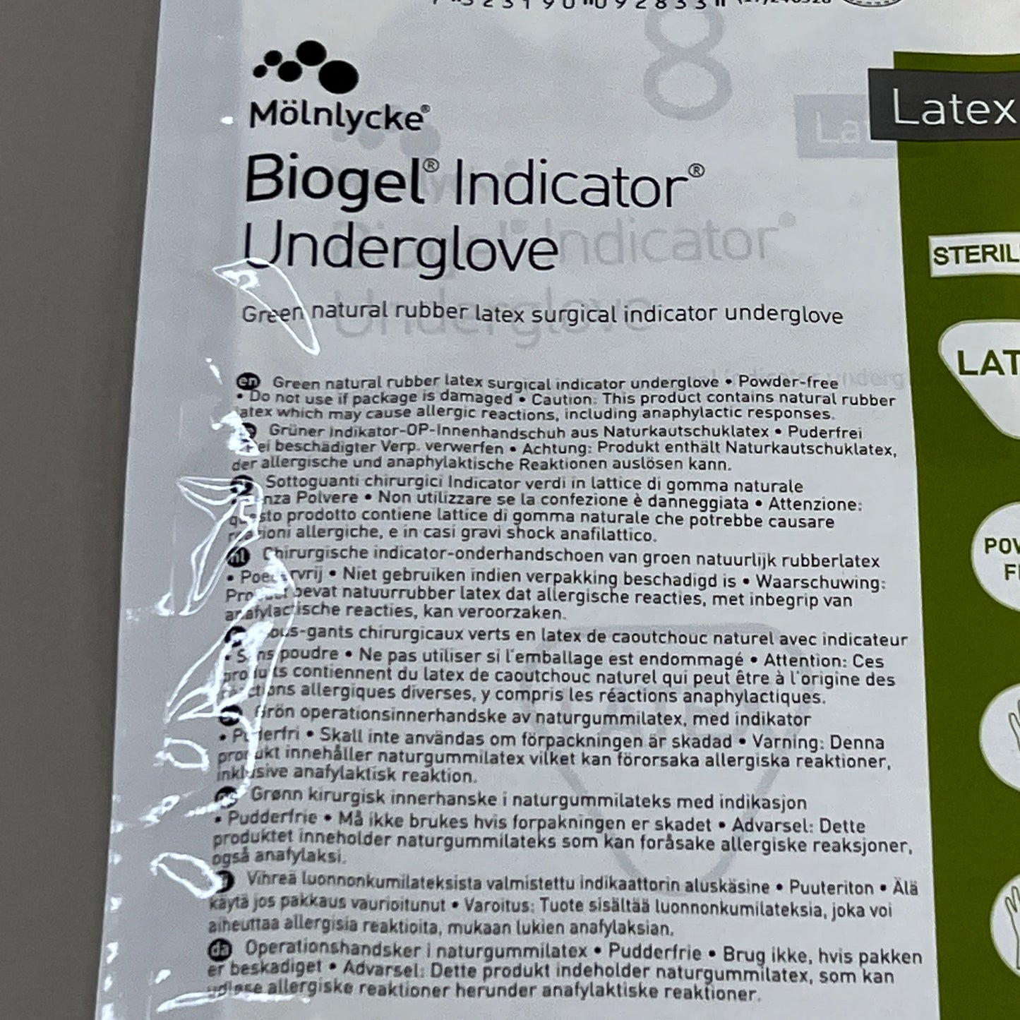 MOLNLYCKE Biogel Latex Surgical Indicator Underglove SZ 8 Green 50 Pairs 31280 (New)