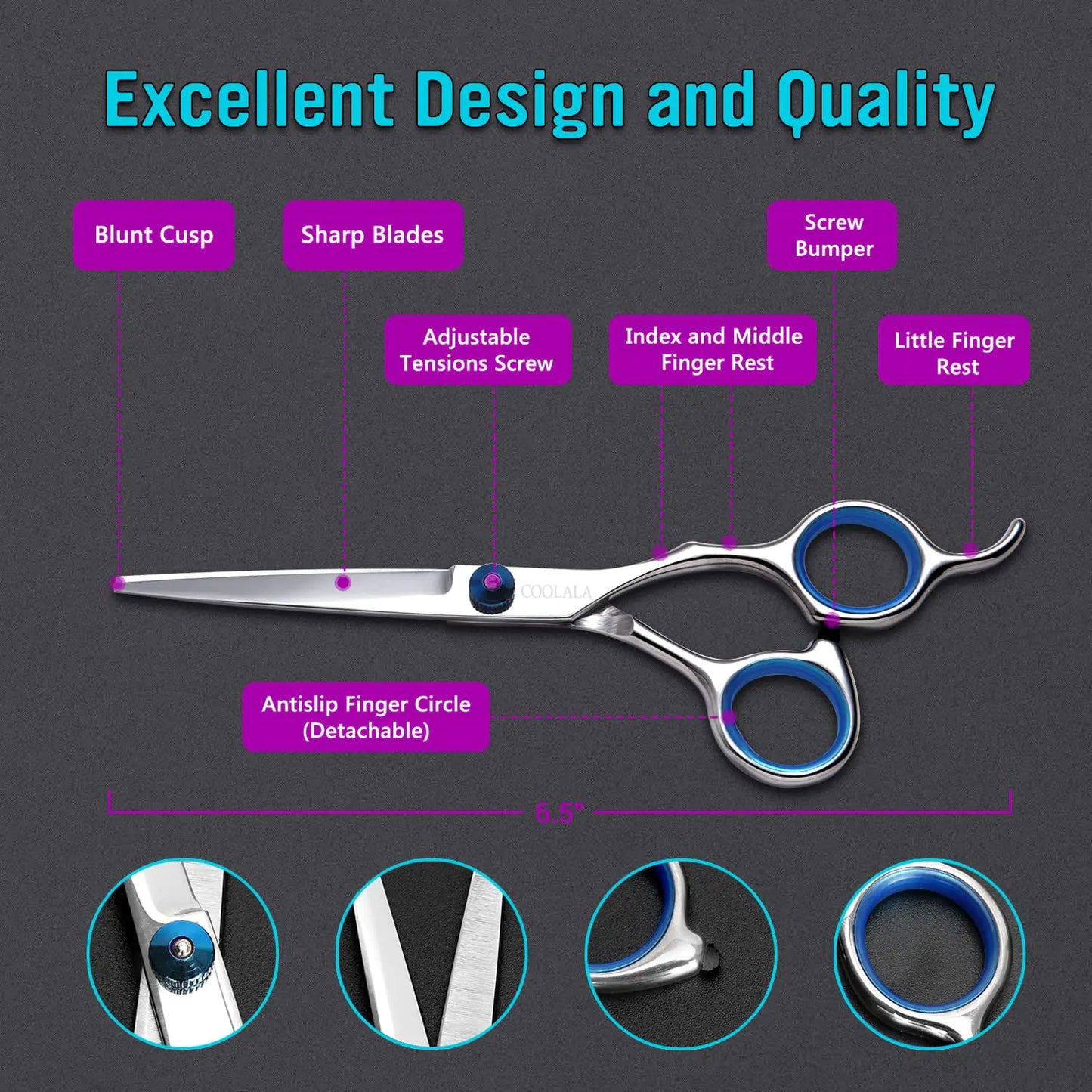 Stainless Steel Hair Cutting Scissors 6.5 Inch Hairdressing Razor Shears Professional Salon Barber Haircut Scissors, One Comb Included, Home Use for Man Woman Adults Kids Babies
