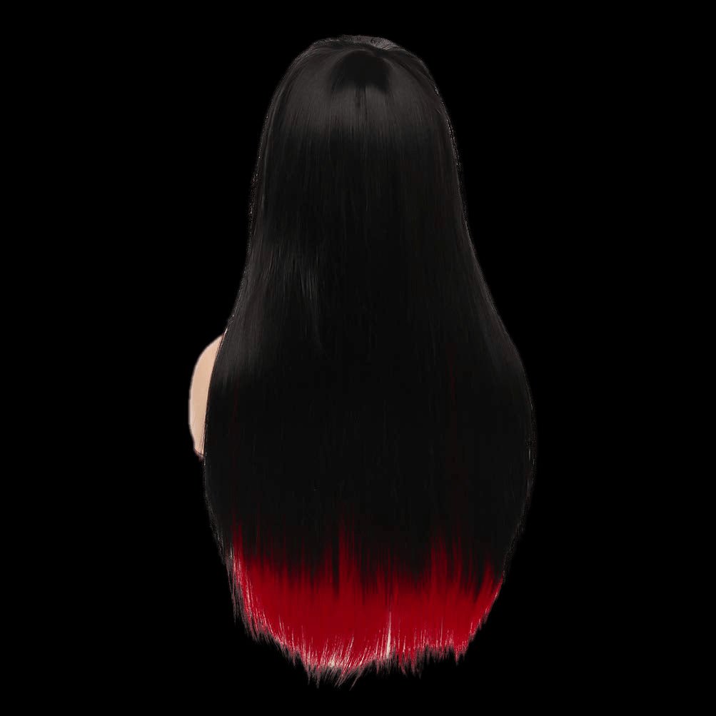 Long Red Black Wig Silky Straight Synthetic Heat Resistant Side Bangs