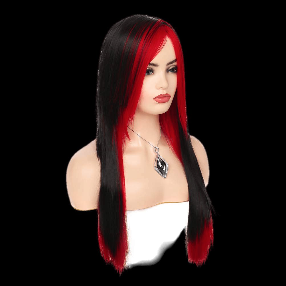 Long Red Black Wig Silky Straight Synthetic Heat Resistant Side Bangs