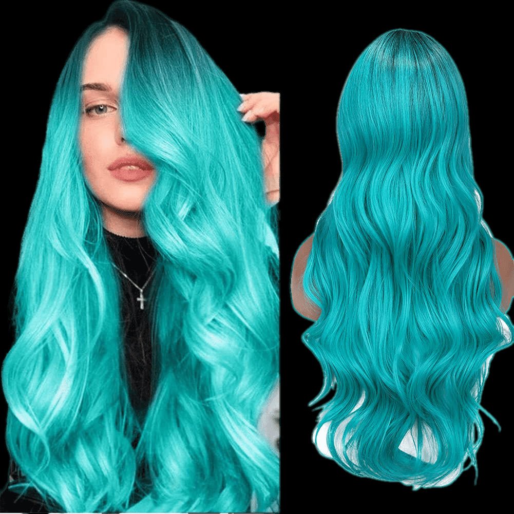 Long Wavy Side Part Wig Ombre Bluish Green color  Heat Resistant