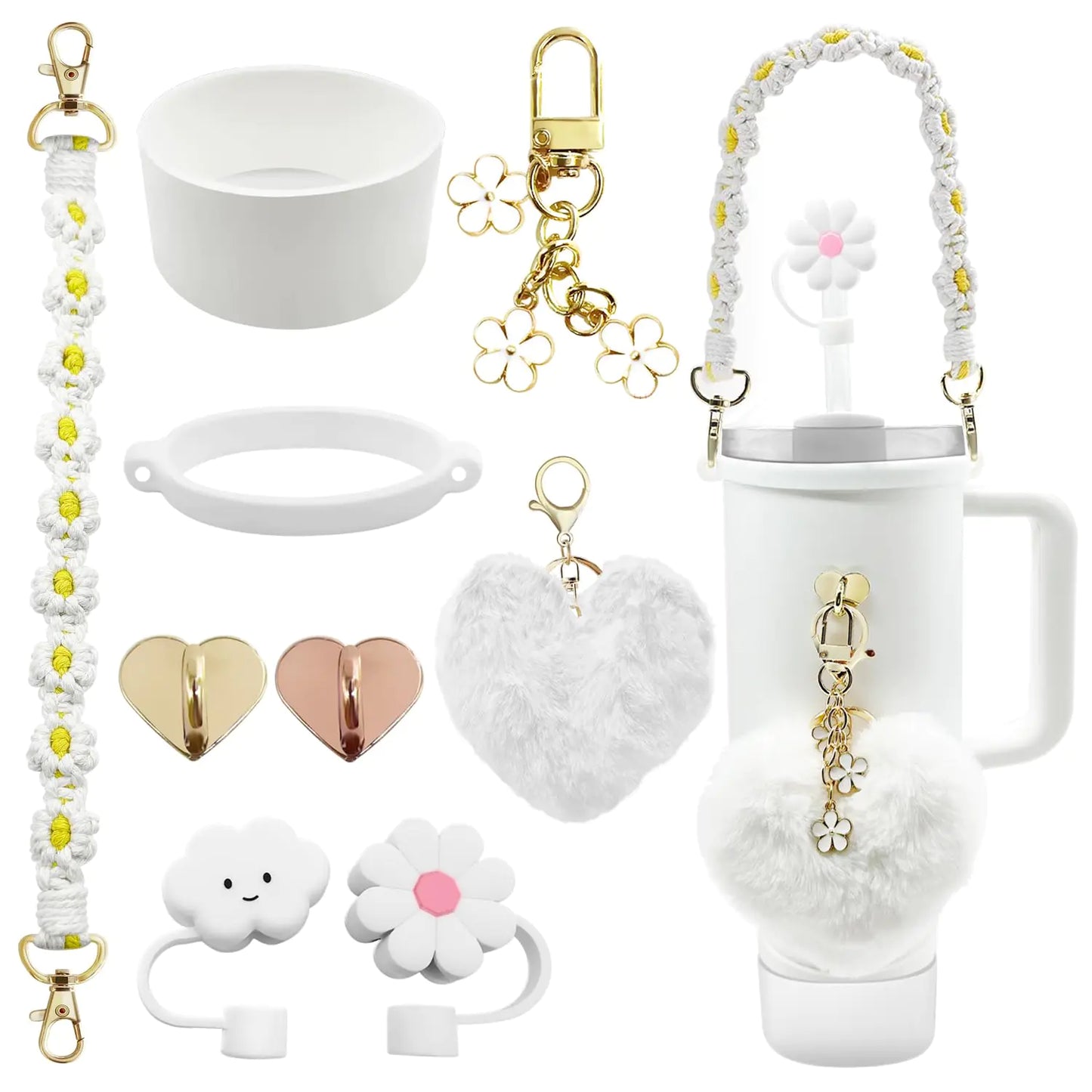 Style Loft Collection Stanley Tumbler Cup Accessories Set for 20oz 30oz 40oz With Stanley Siliocne Straw Cover，Water Bottle Handle Strap，Stanley Charms，Tumbler Siliocne Cup Boot (White)