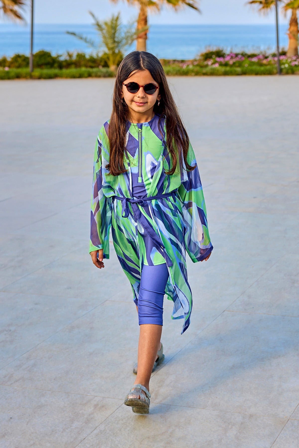Marina Girls Beach Cover Up Chiffon Kimono Blue/Green - CP2503