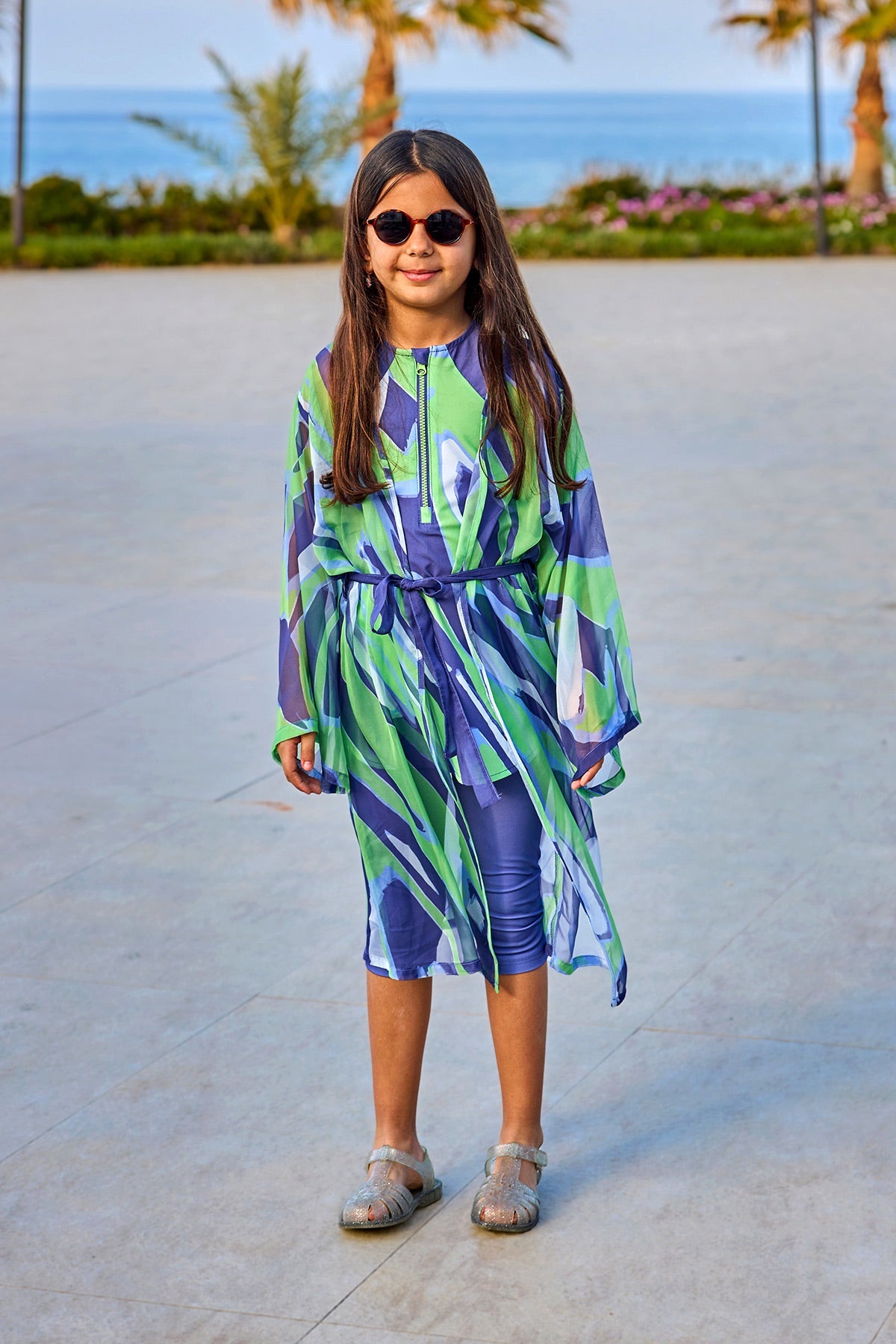 Marina Girls Beach Cover Up Chiffon Kimono Blue/Green - CP2503