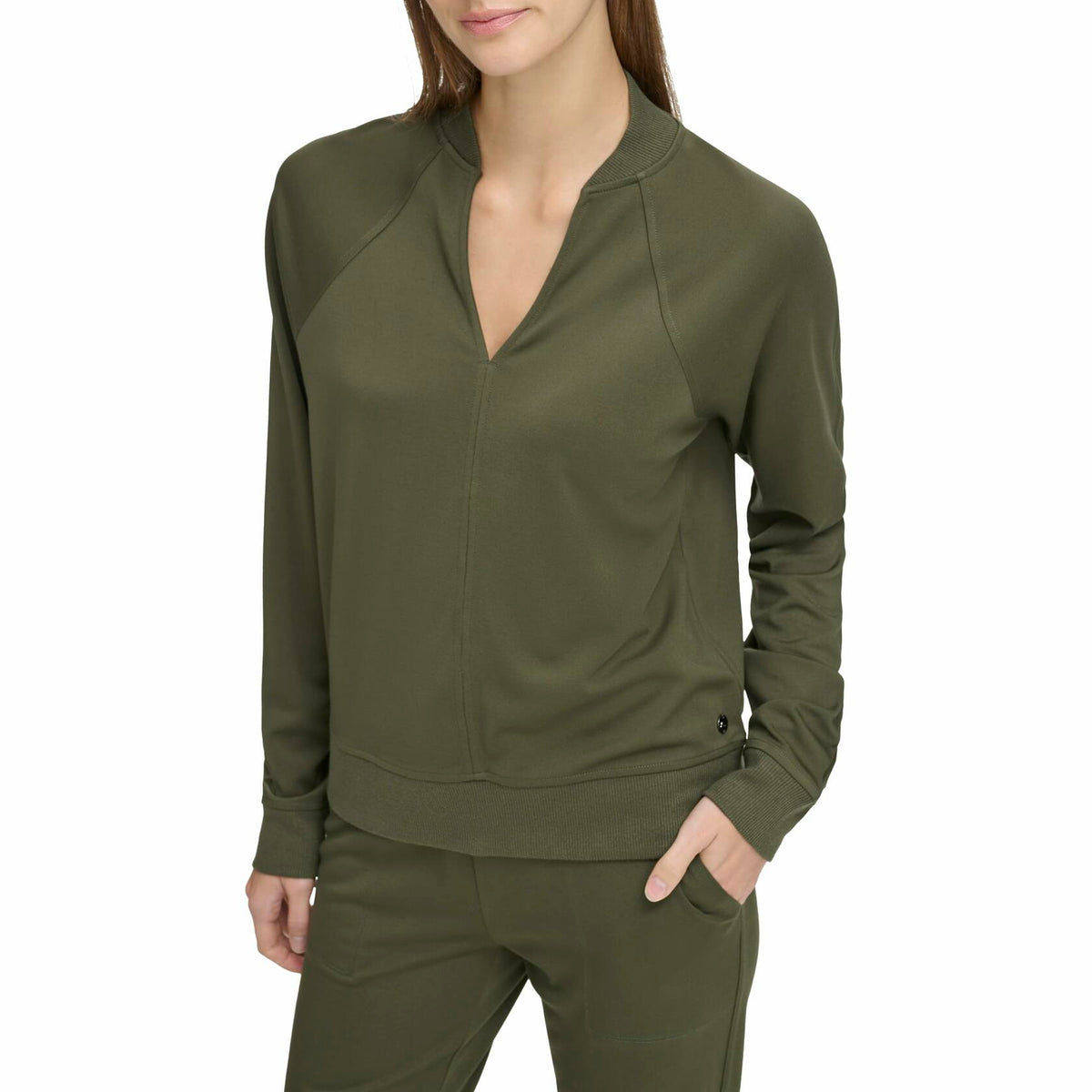 Andrew Marc Sport Women's V-Neck Long Sleeve Jersey Pullover Green Size S