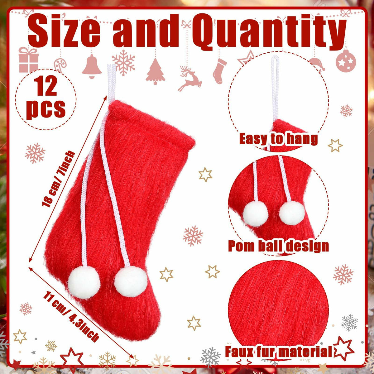 Shinymoon 12 Pcs 7" Faux Fur Christmas Stockings Red Small Furry Xmas Decor