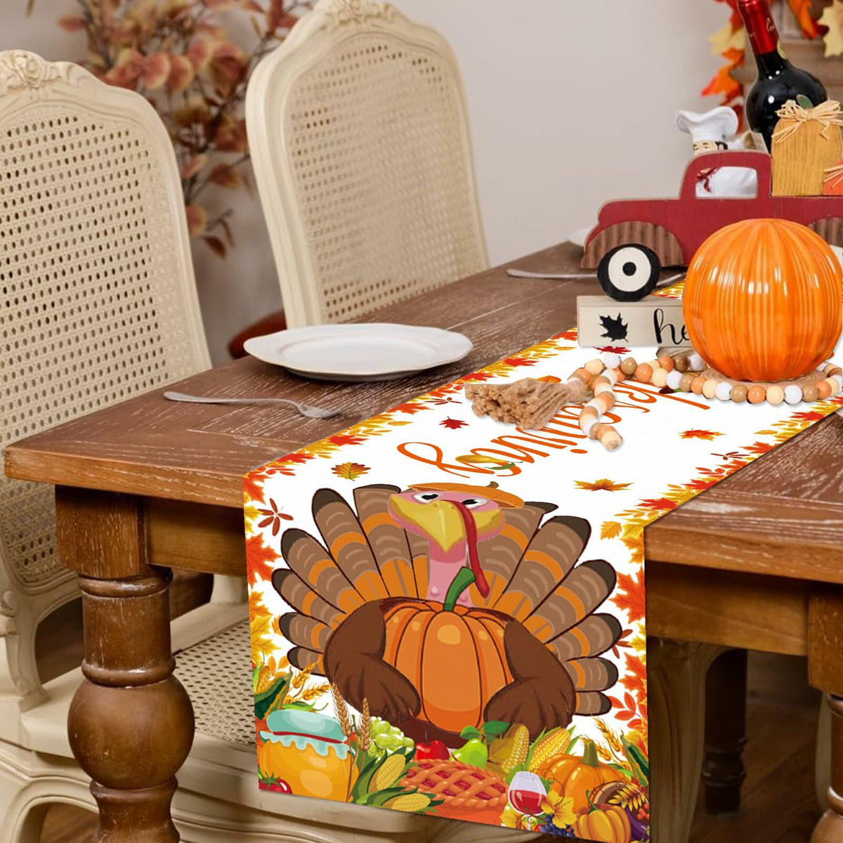 Happy Thanksgiving Turkey Table Runner Oxford 70.86x13.77in Pumpkin Maple