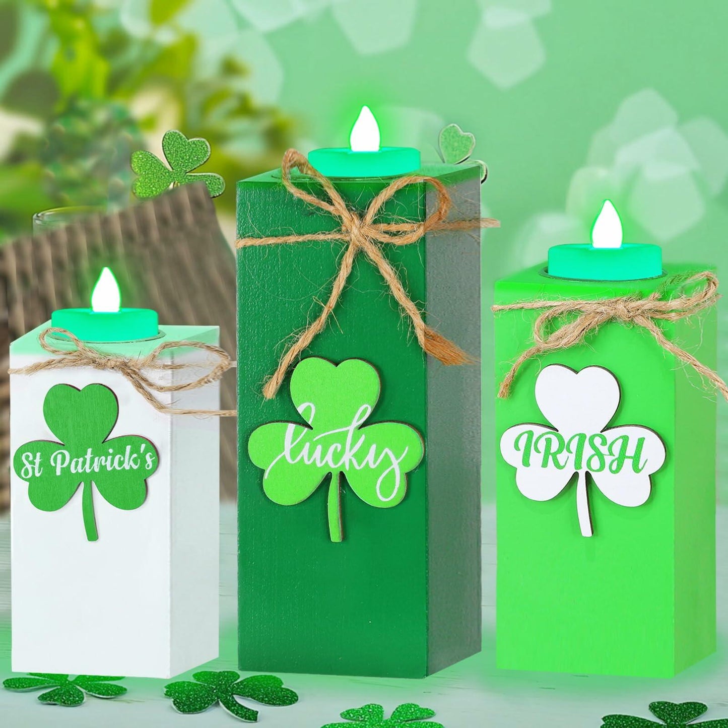 3 Pack St. Patrick's Day Flameless Tea Light Candles Shamrock Design Green