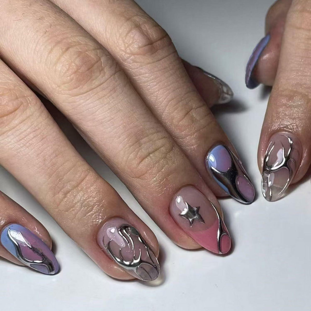 Summer Press On Nails Medium Almond Nude Pink Silver Star Rhinestones 24 Pc