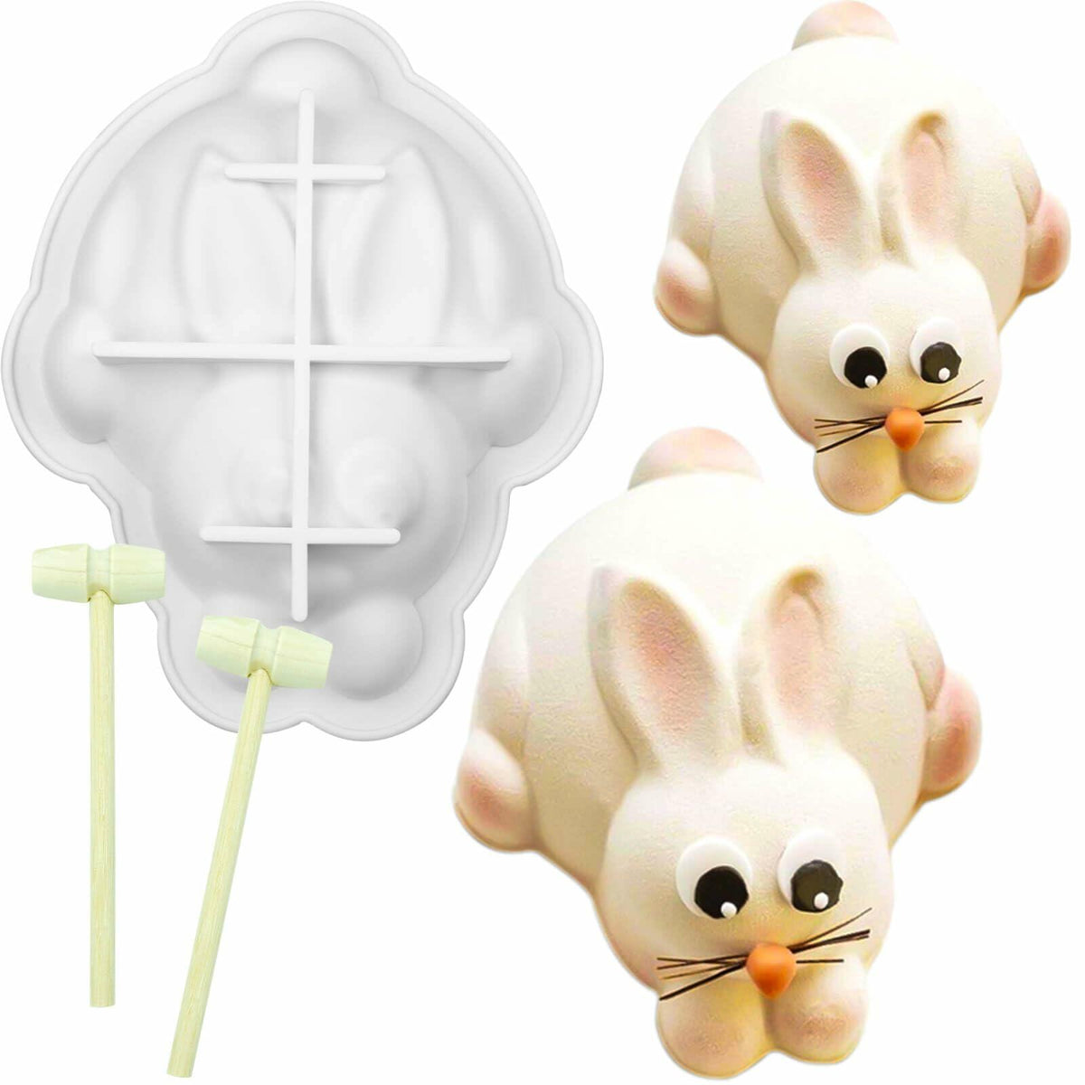 Easter Bunny 3D Silicone Cake Mold White with 2 Wooden Hammers