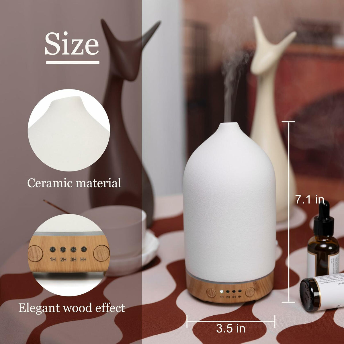 Ceramic Ultrasonic Oil Diffuser Wood Grain Black 100ML USB Adapter 7-Color LED