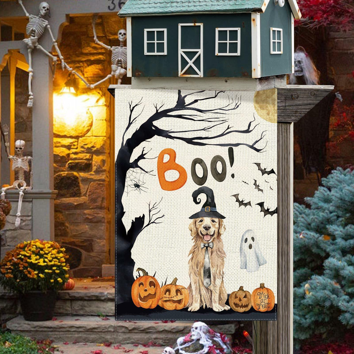 DLZDN Halloween Boo Dog Garden Flag Pumpkin Golden Retriever 12x18 Burlap