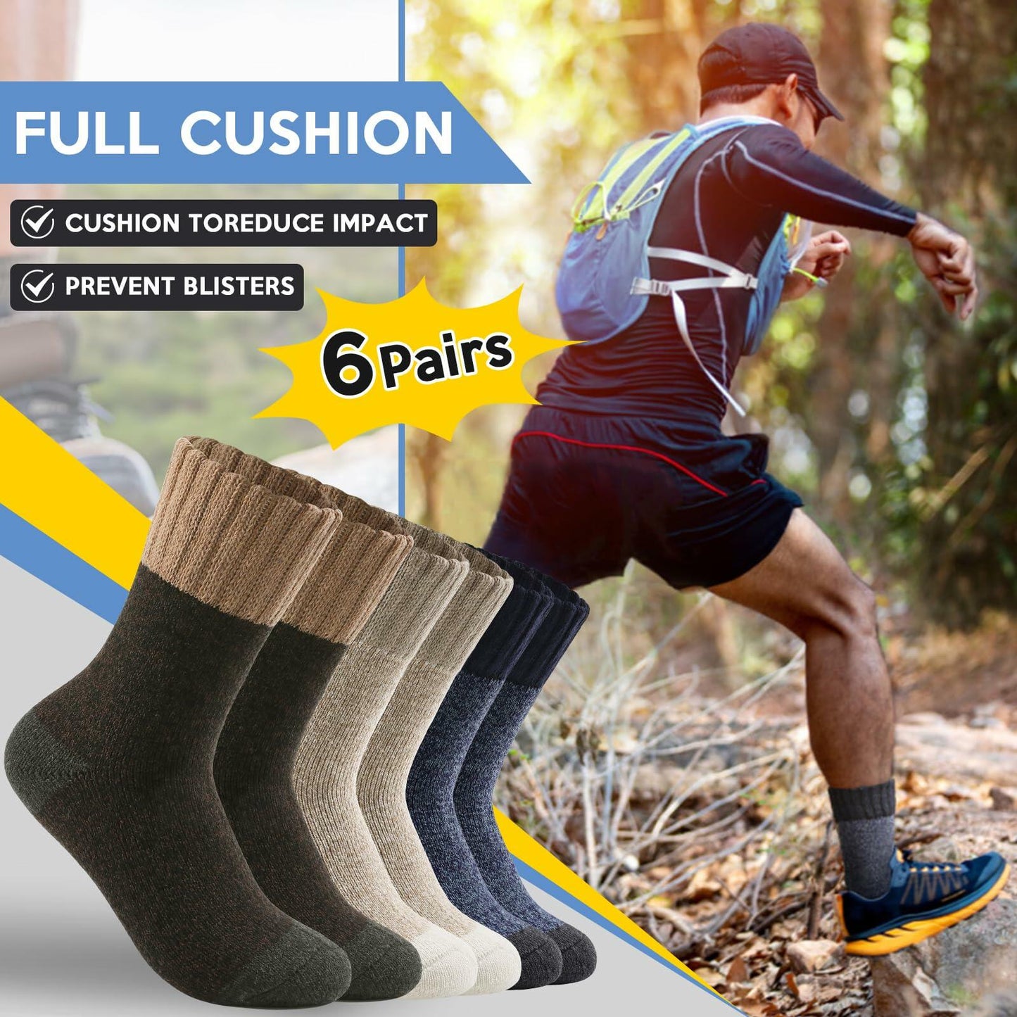 ATTIQOZI Men's Merino Wool Thermal Crew Socks Gray Khaki Blue 6 Pairs Size 8-13